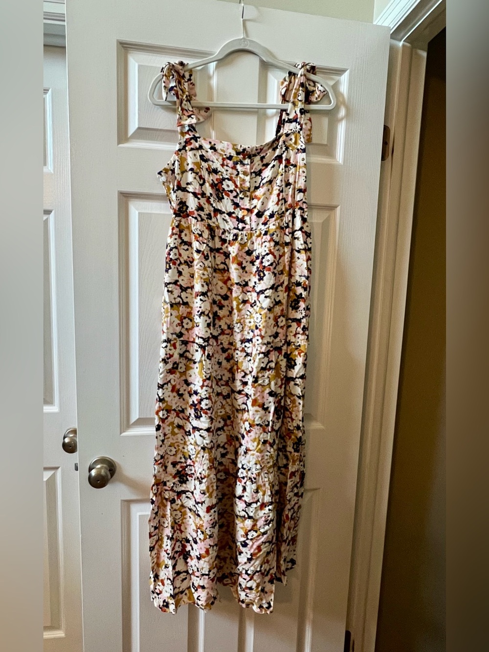 Nom Maternity Floral Tie-Shoulder Sundress in White, Yellow, & Pink Pattern